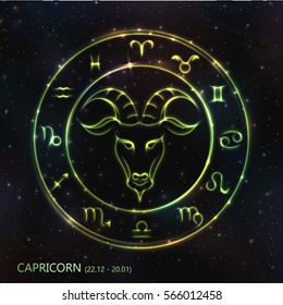 VECTOR eps 10. 12 Glowing GREEN Astrology Zodiac Sign CAPRICORN in bright circle or ring. GREEN shining CAPRICORN zodiac sign. GREEN shining sparkling zodiacs more in my set!
