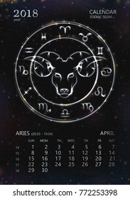 VECTOR eps 10. 12 Glowing Silver Astrology Calendar for 2018 year. Zodiac Signs in bright circle or ring. Aries in april 2018 year. Golden shining Aries. Golden zodiacs in shining circles