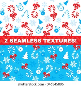 VECTOR eps 10. 2 Seamless Patterns bows, snowflakes, sweet candies and three Could be nice elements for Christmas and New Year texture in Pure CMYK.  Christmas Seamless Pattern christmas candies bows