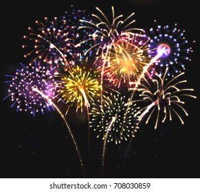 VECTOR eps 10. For 2018 New Year design! Shining Fireworks with golden ring. All light effects, stars isolated and grouped. Shining elements 2018. Holiday fireworks. Red Firework, golden Firework