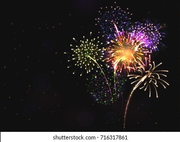 VECTOR eps 10. For 2018 New Year design! Shining Fireworks with golden ring. All light effects, stars isolated and grouped. Shining elements 2018. Holiday fireworks. Red Firework, golden Firework