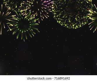 VECTOR eps 10. For 2018 New Year design! Green Shining Fireworks with green stars. All light effects, stars isolated and grouped. Shining elements 2018. Holiday fireworks. Red golden Firework 2018
