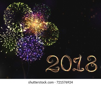 VECTOR eps 10. For 2018 New Year design! Shining Fireworks with golden ring. All light effects, stars isolated and grouped. Shining elements 2018. Holiday fireworks. Red Firework, golden Firework