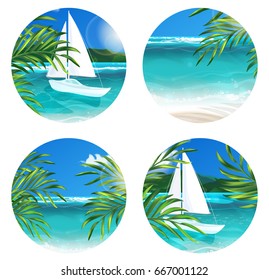 VECTOR eps 10. 4 round pictures of Summer vacation on island. Travel summer time! Sun sea palm clouds island sand yacht boat beach palm branches coconut leaves, journey sea summertime lagoon ocean
