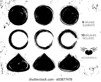 VECTOR eps 10. Abstract black long circle, round,  textured brush strokes isolated on white background. Set of grunge inks, ink splashes