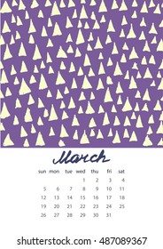 Vector EPS 10 abstract calendar with bright hand drawn texture.Coloring baby style graphics. Bright artistic background. Naive style. March 2017.