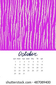 Vector EPS 10 abstract calendar with bright hand drawn texture.Coloring baby style graphics. Bright artistic background. Naive style. October 2017.