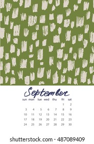 Vector EPS 10 abstract calendar with bright hand drawn texture.Coloring baby style graphics. Bright artistic background. Naive style. September 2017.