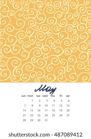 Vector EPS 10 abstract calendar with bright hand drawn texture.Coloring baby style graphics. Bright artistic background. Naive style. May 2017.