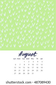 Vector EPS 10 abstract calendar with bright hand drawn texture.Coloring baby style graphics. Bright artistic background. Naive style. August 2017.