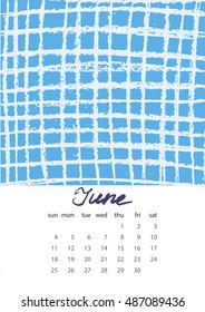 Vector EPS 10 abstract calendar with bright hand drawn texture.Coloring baby style graphics. Bright artistic background. Naive style. June 2017.