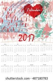 Vector EPS 10 abstract calendar with bright hand drawn texture.Coloring baby style graphics. Bright artistic background. Naive style. 2017. Love style.