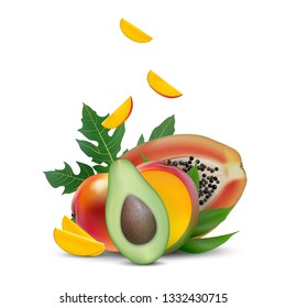 Vector EPS 10 ad 3d promotion banner, Realistic mango, avocado, papaya with falling slices. Ice cream, yogurt, juice brand advertising. Label poster template. 