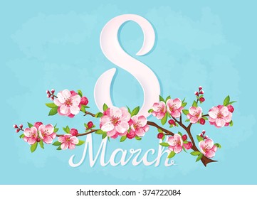 VECTOR eps 10. Big JPEG preview. Japanese flowering on the branch with blue background. For Mother's day with beauty number 8. Woman's day. Japanese flowers, sakura. See more good flowers in my SETS.