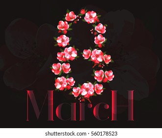 VECTOR eps 10. Big JPEG preview. Japanese flowering on the branch with blue background. For Mother's day with beauty number 8. Woman's day. Japanese flowers, sakura. See more good flowers in my SETS.