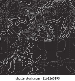Vector EPS 10.  Black background with white lines. Topographic map background for presentation, free space for text. Lined art.