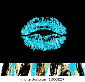VECTOR eps 10. Blue glitter illustration of mouth isolated on black background. Glamour kiss print with gold shimmer for luxury design. Fashion lips, grunge dirty, brushes of mascara for eyes lipstick