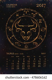 VECTOR eps 10. Calendar for 2017 year. TAURUS in may. See next month in my SET. Glowing collection of Astrology Zodiac Signs. Shining elements and stars. 12 zodiac symbols in light golden colors. 
