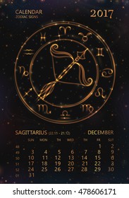 VECTOR eps 10. Calendar for 2017 year. SAGITTARIUS / archer in december. See next month in my SET. Glowing collection of Astrology Zodiac Signs. Shining 12 zodiac symbols in light golden colors. 
