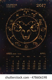 VECTOR eps 10. Calendar for 2017 year. ARIES in april. See next month in my SET. Glowing collection of Astrology Zodiac Signs. Shining elements and stars. 12 zodiac symbols in light golden colors. 
