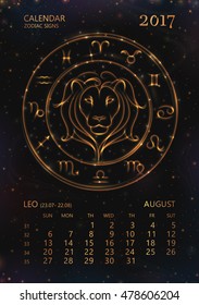 VECTOR eps 10. Calendar for 2017 year. LEO in august. See next month in my SET. Glowing collection of Astrology Zodiac Signs. Shining elements and stars. 12 zodiac symbols in light golden colors. 
