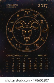 VECTOR eps 10. Calendar for 2017 year. CAPRICORN in january. See next month in my SET. Glowing collection of Astrology Zodiac Signs. Shining elements 12 zodiac symbols in light golden colors. 
