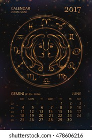 VECTOR eps 10. Calendar for 2017 year. GEMINI in june. See next month in my SET. Glowing collection of Astrology Zodiac Signs. Shining elements and stars. 12 zodiac symbols in light golden colors. 
