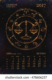 VECTOR eps 10. Calendar for 2017 year. LIBRA in october. See next month in my SET. Glowing collection of Astrology Zodiac Signs. Shining elements and stars. 12 zodiac symbols in light golden colors. 
