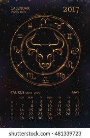 VECTOR eps 10. Calendar for 2017 year. TAURUS in may. See next month in my SET. Glowing collection of Astrology Zodiac Signs. Shining elements and stars. 12 zodiac symbols in light golden colors. 
