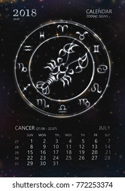 VECTOR eps 10. Calendar for 2018 year. CANCER in july. See next month in my SET. Glowing collection of Astrology Zodiac Signs. Shining elements and stars. 12 zodiac symbols in light golden colors. 
