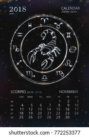 VECTOR eps 10. Calendar for 2018 year. SCORPIO in november, See next month in my SET. Glowing collection of Astrology Zodiac Signs. Shining stars. 12 zodiac symbols in light golden colors. 
