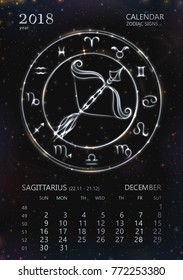 VECTOR eps 10. Calendar for 2018 year. SAGITTARIUS / archer in december. See next month in my SET. Glowing collection of Astrology Zodiac Signs. Shining 12 zodiac symbols in light golden colors. 
