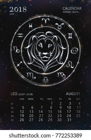 VECTOR eps 10. Calendar for 2018 year. LEO in august. See next month in my SET. Glowing collection of Astrology Zodiac Signs. Shining elements and stars. 12 zodiac symbols in light golden colors. 
