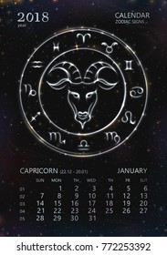  VECTOR eps 10. Calendar for 2018 year. CAPRICORN in january. See next month in my SET. Glowing collection of Astrology Zodiac Signs. Shining elements 12 zodiac symbols in light golden colors. 
