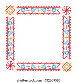 VECTOR eps 10. Careful drawn slavic symbols in frame with flowers and birds. Ethnic elements Ladinets (Lada Goddess Cross), Svarog's Square (Star of Rus'), Alatir, Ognevitsa ward. Slavic ornaments. 