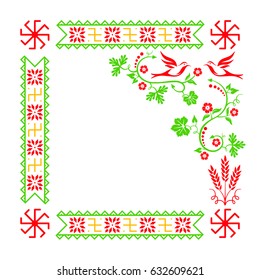 VECTOR eps 10. Careful drawn slavic symbols in frame with flowers and birds. Ethnic elements Ladinets (Lada Goddes Cross), Svarog's Square (Star of Rus'), Alatir, Ognevitsa ward. Slavic ornaments. 