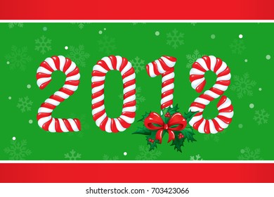  VECTOR eps 10. Christmas design and Happy New Year 2018. Multicolor figures number 2018 New Year creative design card, greeting vector sweet candies bows.  Happy New 2018 christmas with snowflakes
