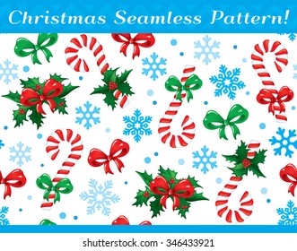 VECTOR eps 10. Christmas Seamless Pattern with bows, sweet candies and snowflakes. In pure CMYK colors. Ready design for christmas and New year. Christmas Seamless Pattern sweet christmas candies bows