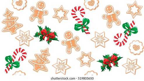 VECTOR eps 10. Christmas Seamless Pattern with sweet gingerbread cookies and snowflakes. Design for Christmas and New year, seamless texture 2017 Christmas and happy New Year holiday illustrations