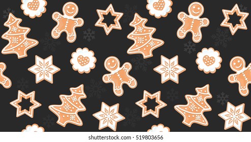 VECTOR eps 10. Christmas Seamless Pattern with sweet gingerbread cookies and snowflakes. Design for Christmas and New year, seamless texture 2017 Christmas and happy New Year holiday illustrations