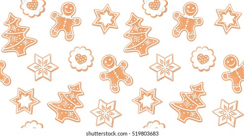 VECTOR eps 10. Christmas Seamless Pattern sweet gingerbread cookies and on white background. Design for Christmas and New year, seamless texture 2017 Christmas and happy New Year holiday illustrations