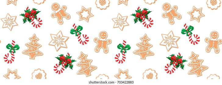 VECTOR eps 10. Christmas Seamless Pattern with sweet gingerbread cookies and snowflakes. Design for Christmas and New year, seamless texture 2018 Christmas and happy New Year holiday illustrations