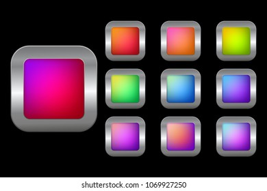 Vector eps 10 colorful glossy silver framed square web buttons set