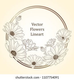 Vector eps 10 daisy chrysanthemum flowers lineart illustration. Greeting card floral decorative element round frame design