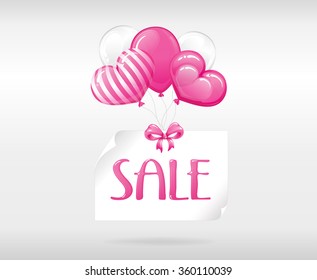 VECTOR eps 10. Design for Happy Valentine's Day with pink balloons. Candy hearts and bows. See new Cute design in my portfolio. Enjoy! Wish you to love and be loved!
Pink white heart balloons with bow
