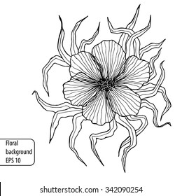 Vector EPS 10 floral background with flower and leaves. Black and white graphics. Hand drawing.