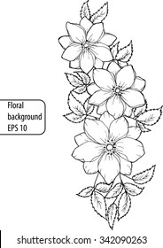 Vector EPS 10 floral background with three flowers and leaves. Black and white graphics. Hand drawing.