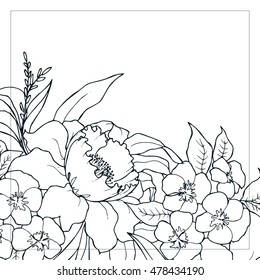 Vector EPS 10 floral background with flower on the branch and leaves. Black and white graphics. Hand drawing. Line-art style. 
pattern for invitation, cards, banners, flyers, calendars, tattoo
