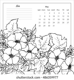 Vector EPS 10 floral background with flower on the branch and leaves. Black and white graphics. Hand drawing. Line-art style. 
pattern for calendar and anti-stress coloring. 2017 May

