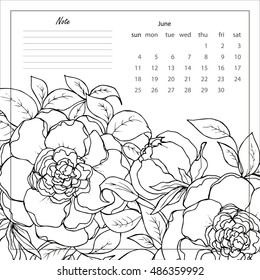 Vector EPS 10 floral background with flower on the branch and leaves. Black and white graphics. Hand drawing. Line-art style. 
pattern for calendar and anti-stress coloring. 2017 June
